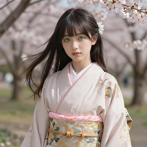 Photograph of a young Asian woman with long black hair, green eyes, and fair skin, wearing a white floral kimono with pink sash,