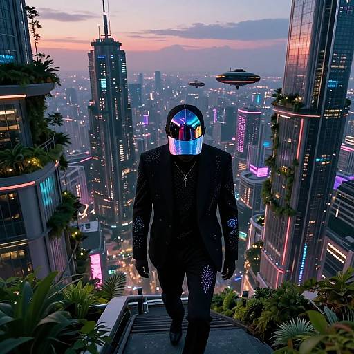 Cyberpunk cityscape at dusk, featuring a silhouetted man in a reflective helmet, standing on a rooftop with glowing skyscrapers and