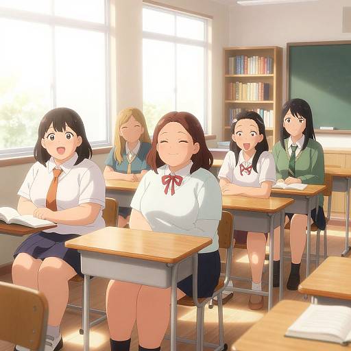 Anime-style digital drawing of five Japanese schoolgirls in uniforms, seated in a sunlit classroom, focused on books and chalkboard.