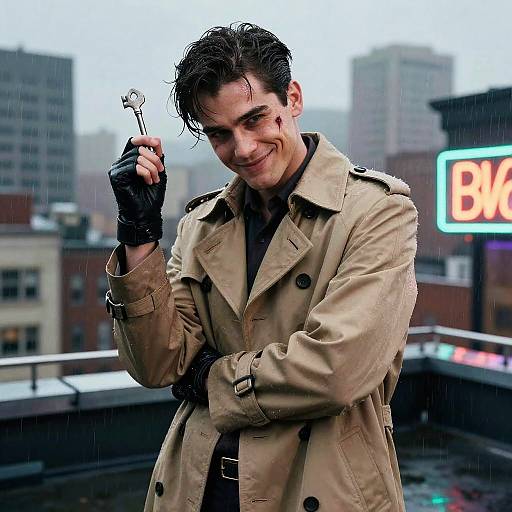 Photograph of a wet, dark-haired man in a beige trench coat, black gloves, holding a key, smiling mischievously on a rainy