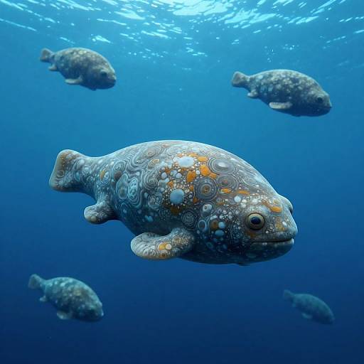 Photograph of four colorful, patterned pufferfish swimming in deep blue underwater ocean, with bright orange and white spots, and sunlight filtering from above