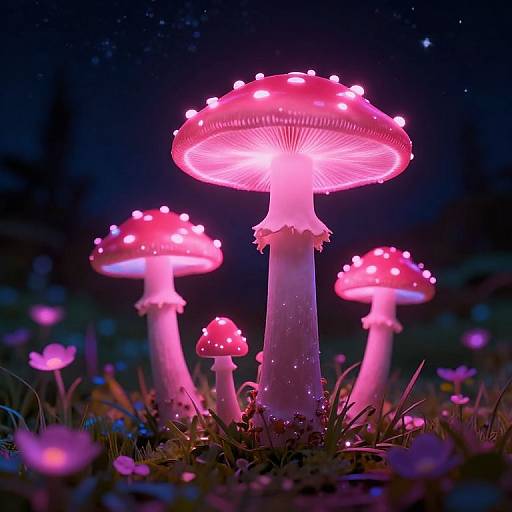 Photograph of glowing pink and white mushrooms with illuminated caps, surrounded by dark grass and small flowers, under a starry night sky.