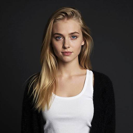 Photograph of a blonde, blue-eyed woman with fair skin, wearing a white tank top and black cardigan, against a dark background.