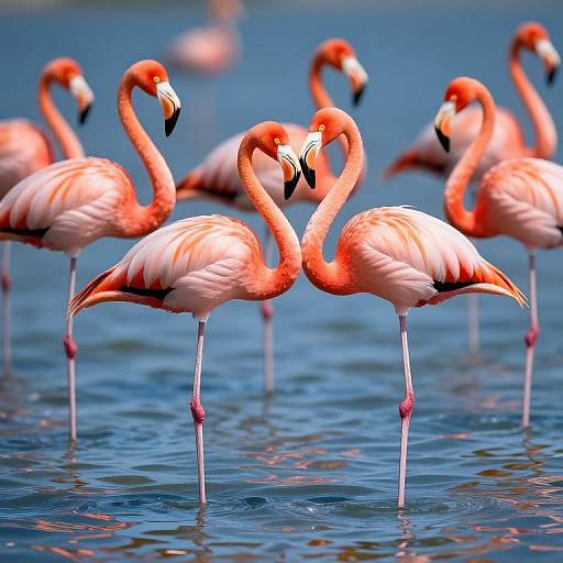 Photograph of two pink flamingos with curved necks forming a heart shape, standing in blue water, surrounded by more flamingos in the background.