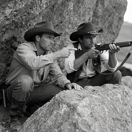 Crouching Cowboys in Black-and-White