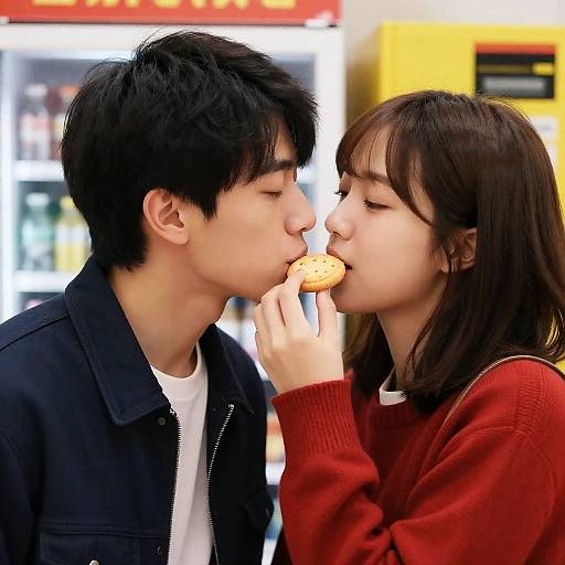 Young Couple Sharing Cookie in Intimate Moment