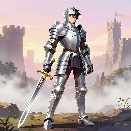 Digital anime-style drawing of a silver-armored knight with black hair, holding a sword, standing confidently in a misty castle courtyard.