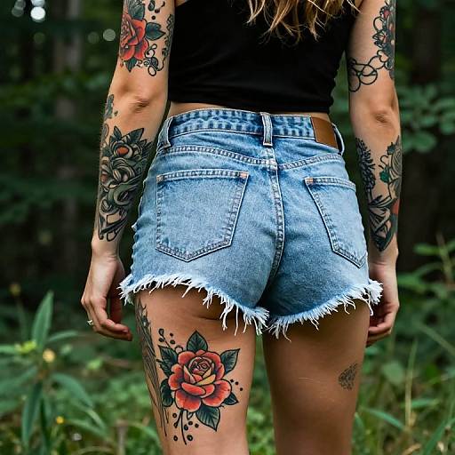 Tattooed woman in black crop top, frayed denim shorts, standing in forest; visible rose tattoos on legs, arms, and buttocks