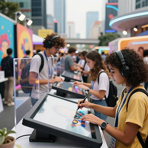 Young People Using Digital Art Tablets at Technology Fair