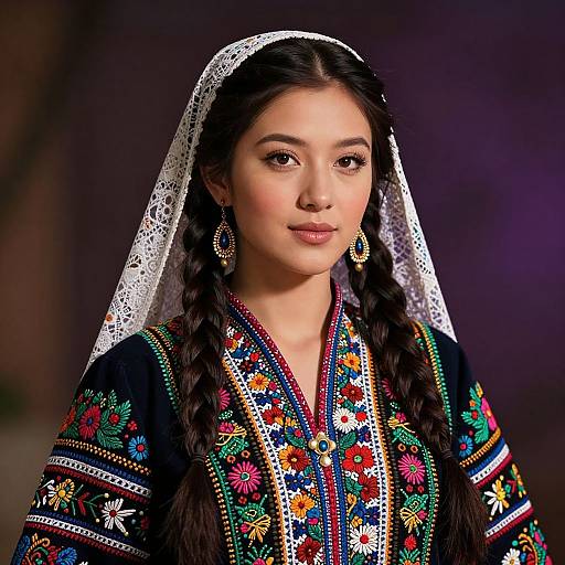 Photograph of an Asian woman with long braided hair, wearing a detailed, colorful embroidered traditional dress, white lace headscarf, and gold hoop