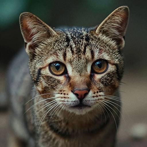Close-up photograph of a tabby cat with striking amber eyes, detailed fur patterns, and a focused gaze, set against a blurred background.
