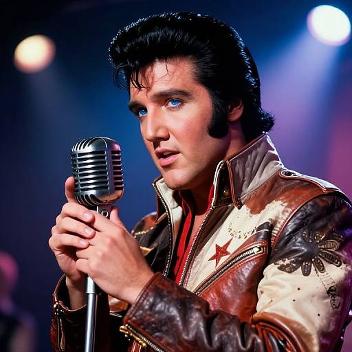 Photograph of a man with dark hair, blue eyes, and a white shirt under a shiny, brown leather jacket with red star, singing into a