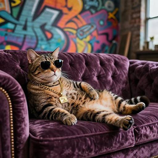 Photograph of a relaxed tabby cat with sunglasses and gold necklace, lounging on a plush purple velvet sofa, against a vibrant graffiti wall.