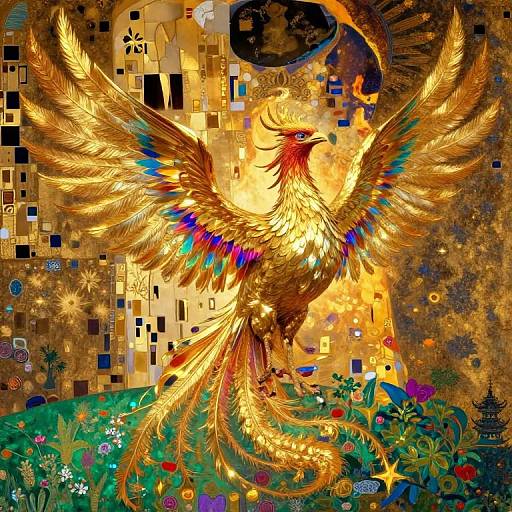 Vibrant digital art of a golden phoenix with colorful feathers, wings spread, in a mosaic-style castle background with a full moon.