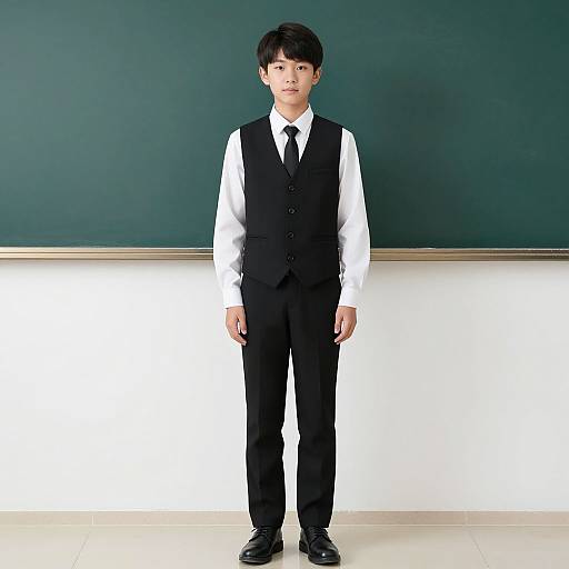 Photograph of a young Asian boy with short black hair, wearing a black vest, white shirt, black tie, and black pants, standing against a