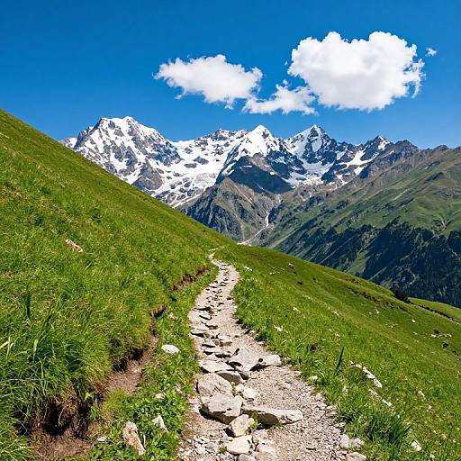 Photograph of a rugged mountain trail with green grass, leading to snow-capped peaks under a vivid blue sky with a single white cloud.