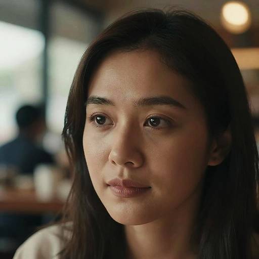 Photograph of a young Asian woman with long dark hair, brown eyes, and fair skin, looking slightly to the right with a neutral expression, in