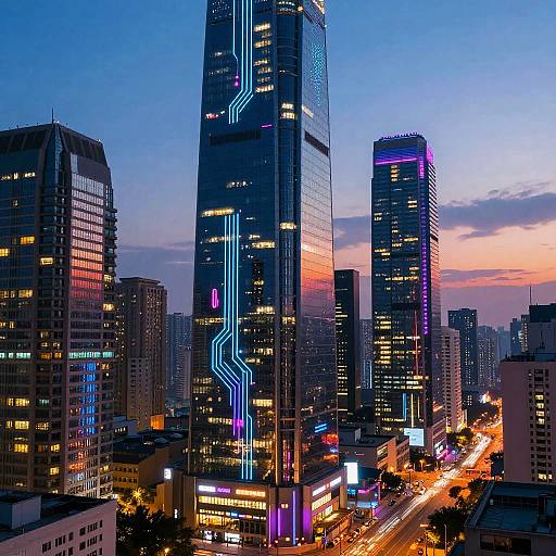 Photograph of a modern cityscape at twilight, featuring tall glass skyscrapers with neon blue and pink light accents, illuminated streets, and a vibrant
