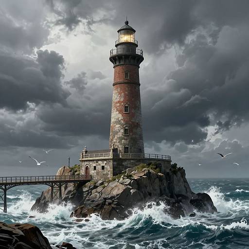 Digital artwork of a stormy seascape with a weathered lighthouse standing on rocky cliffs, waves crashing below, cloudy sky, and seagulls
