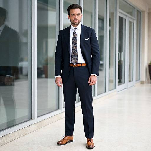 Photograph of a handsome man with dark hair and beard, wearing a black suit, white shirt, patterned tie, brown belt, and tan shoes