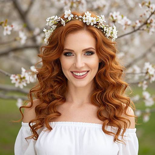 Photograph of a smiling woman with curly red hair, white flower crown, off-shoulder white dress, set against a blooming tree background.