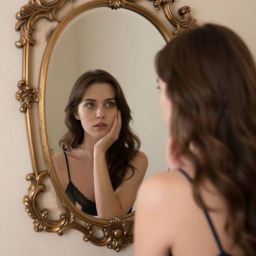 Photograph of a woman with wavy brown hair, wearing a black lace top, gazing at herself in an ornate, oval gold-framed