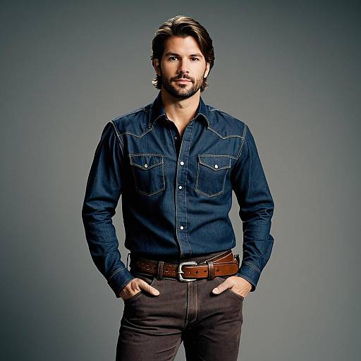 Man in Denim Shirt with Brown Belt