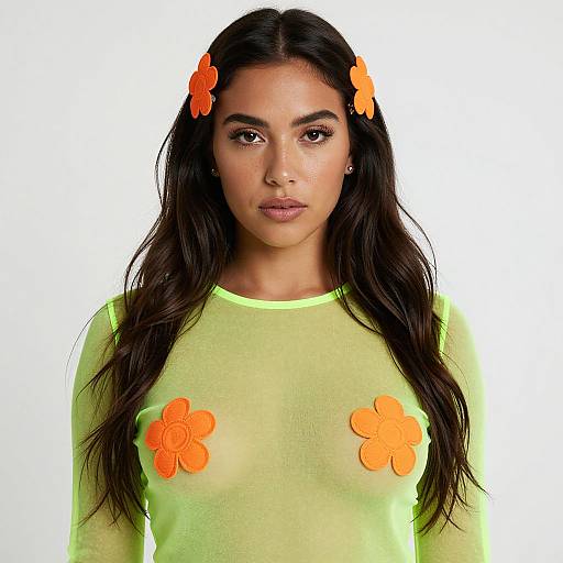 Photograph of a Latina woman with long dark hair, wearing a sheer neon green top with orange flower pasties over her nipples, against a white background
