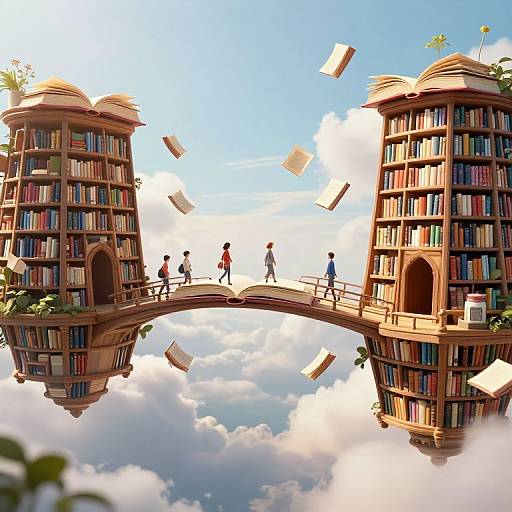 Digital illustration of floating book towers with an arched bridge connecting them. Books are flying through the sky. People walk on the bridge under a bright,