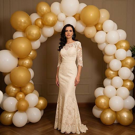 Photograph of a dark-haired woman in an elegant, long-sleeve, lace, ivory wedding dress standing in front of a golden and white balloon