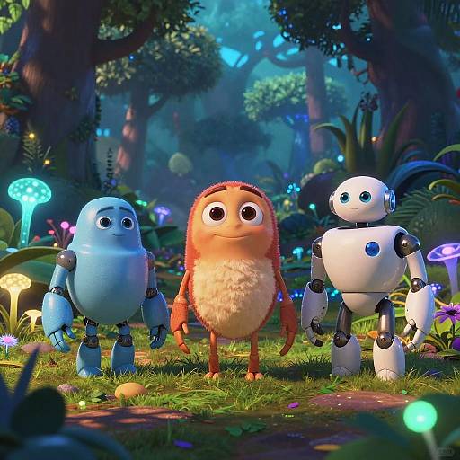 Photograph of three cartoon robots in a whimsical forest: one blue, one white, and one orange-furred with fluffy chest, surrounded by glowing