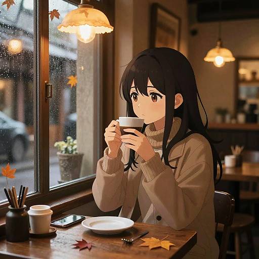 Cozy Anime Girl in Autumn Café