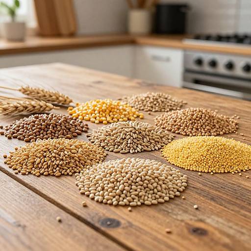 Photograph of various dried legumes (peas, lentils, chickpeas) in small piles on a rustic wooden table in a bright kitchen