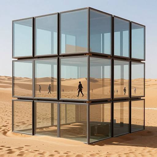 Photorealistic CGI of a modern, cube-shaped glass building in a desert, with small silhouetted figures walking inside and outside.