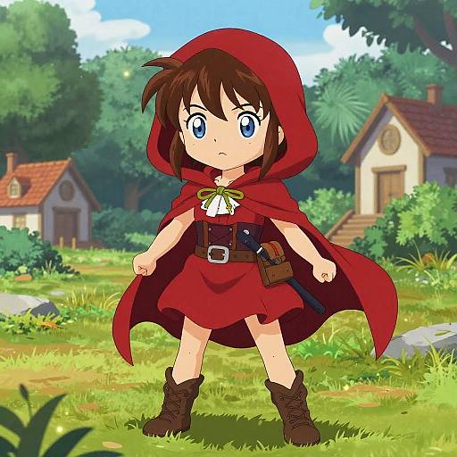 Anime-style drawing of a young girl with blue eyes, brown hair, wearing a red hooded cloak, red dress, brown boots, and a belt