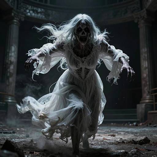 Terrifying Ghost in White Dress in Abandoned Arena