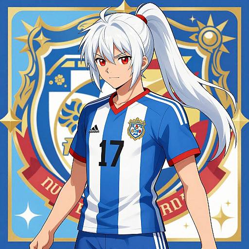 Digital anime-style drawing of a white-haired, red-eyed male soccer player in a blue and white Argentina jersey, number 17, with a ponytail