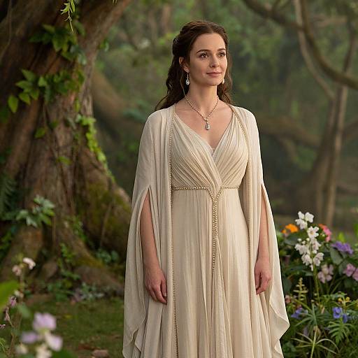 Photograph of a brunette woman with wavy hair, wearing a flowing, cream-colored Grecian dress, standing in a lush, forested garden