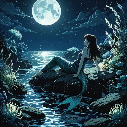 Mermaid Resting on Rock Under Moonlight Mermaid Resting on Rock Under Moonlight