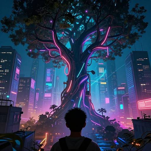 Neon-lit, cyberpunk cityscape with a glowing, illuminated tree at center, silhouetted figure in foreground, vibrant blue and pink