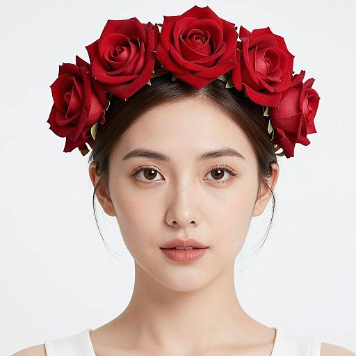 Photograph of a young Asian woman with fair skin, black hair in a simple updo, wearing a red rose crown, and a white top,