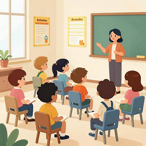 Digital illustration of a diverse classroom: teacher with black hair in orange jacket, students of various ethnicities listening attentively, green chalkboard, 