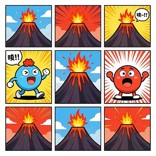 Vibrant Comic Strip of Erupting Volcano