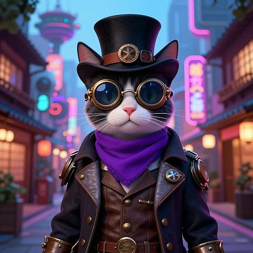 Digital artwork of a black-and-white cat in steampunk attire, wearing a top hat, round goggles, purple scarf, and brown leather coat,