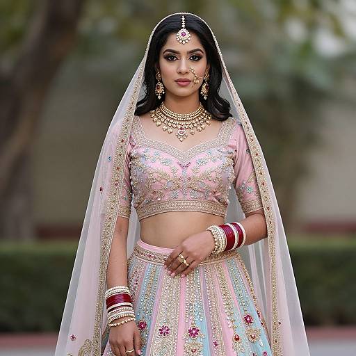 Photograph of an Indian bride in traditional attire: pink and gold embroidered top, matching skirt, white veil, ornate jewelry, and red bangles