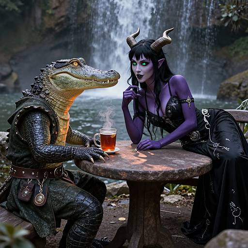 Photorealistic digital art: A dark-purple-skinned demon woman with black horns and long hair sits beside an anthropomorphic crocodile with green scales,