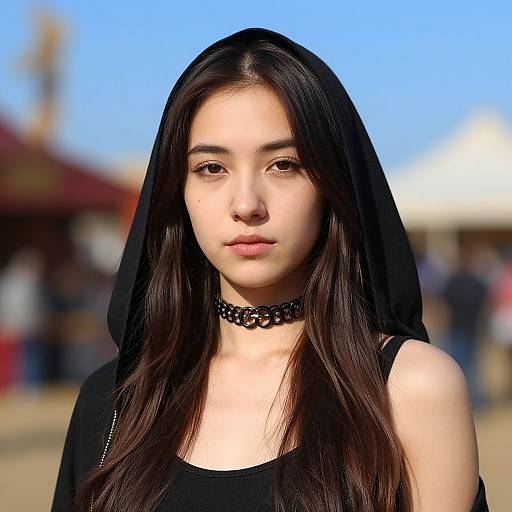 Photograph of a young woman with long black hair, wearing a black veil and choker, against a blurred outdoor market background.