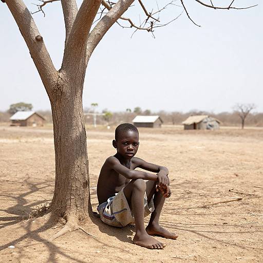 Photograph of a young, barefoot, dark-skinned boy sitting under a leafless tree in a dry, sandy landscape with small huts in