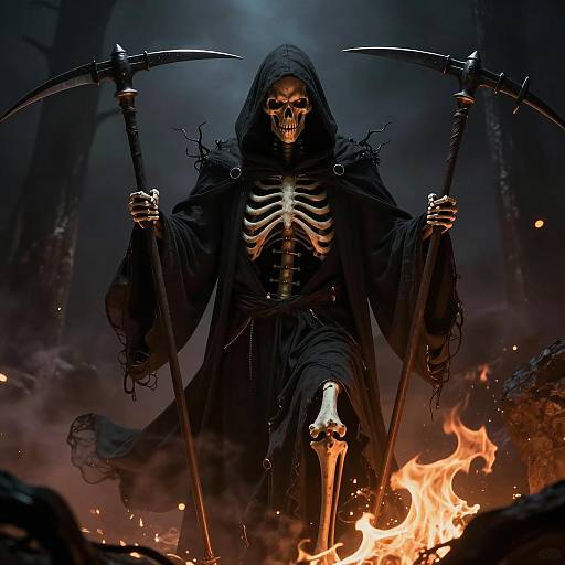 Grim Reaper with Two Scythes in Fiery Forest