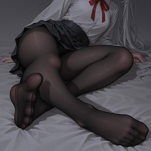 Anime Girl in Black Pantyhose Lying on Bed